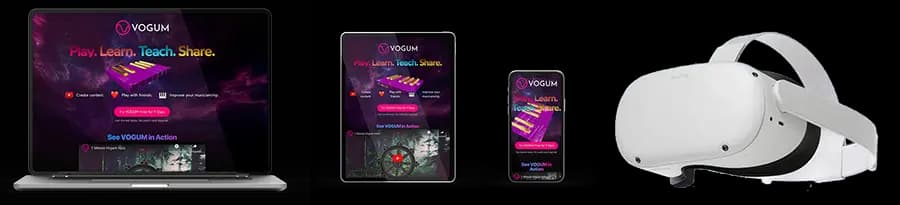 Vogum en un teléfono móvil, una tablet, una computadora portátil y un Oculus Quest 2.