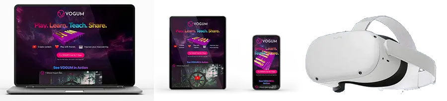 Vogum en un teléfono móvil, una tablet, una computadora portátil y un Oculus Quest 2.